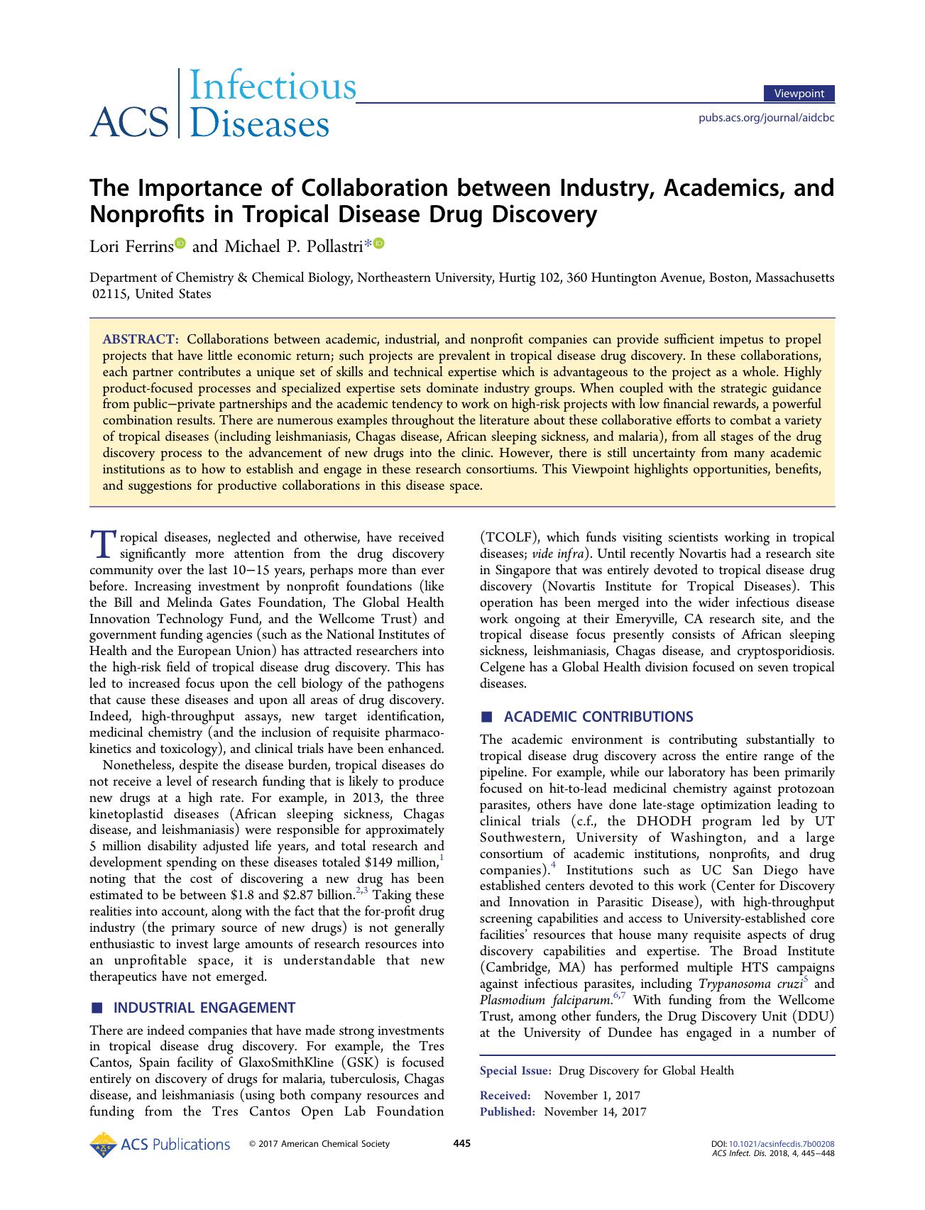 The Importance of Collaboration between Industry, Academics, and Nonprofits in Tropical Disease Drug Discovery by Lori Ferrins and Michael P. Pollastri