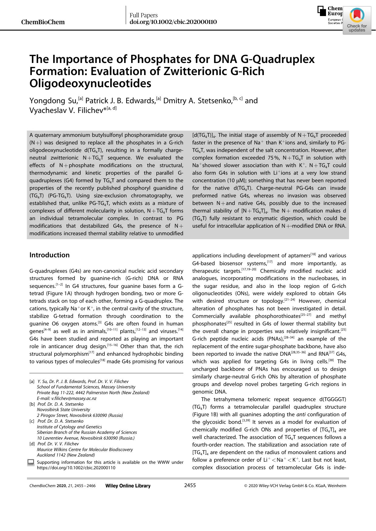 The Importance of Phosphates for DNA GâQuadruplex Formation: Evaluation of Zwitterionic GâRich Oligodeoxynucleotides by Unknown