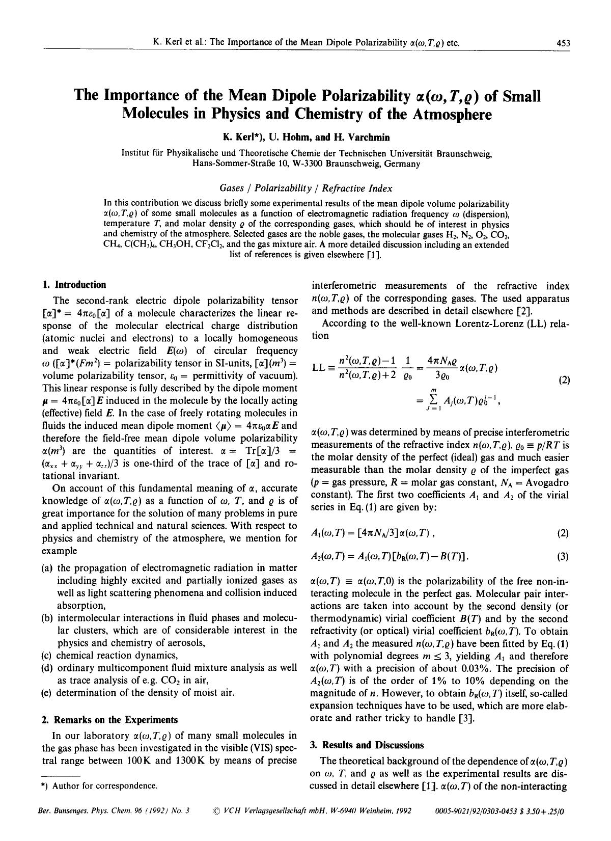 The Importance of the Mean Dipole Polarizability [alpha]([omega],T,[rho]) of Small Molecules in Physics and Chemistry of the Atmosphere by Unknown