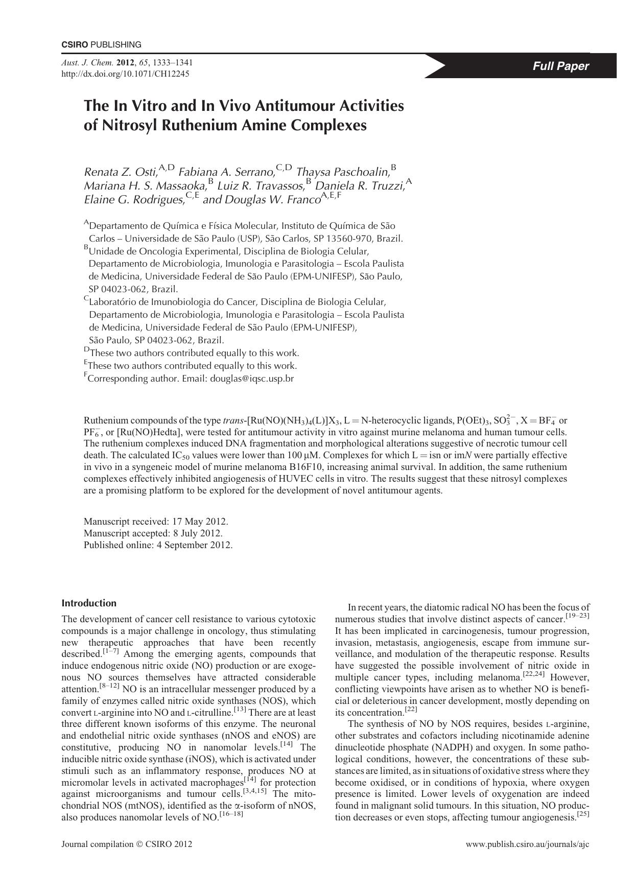 The In Vitro and In Vivo Antitumour Activities of Nitrosyl Ruthenium Amine Complexes by R. Z. Osti et al