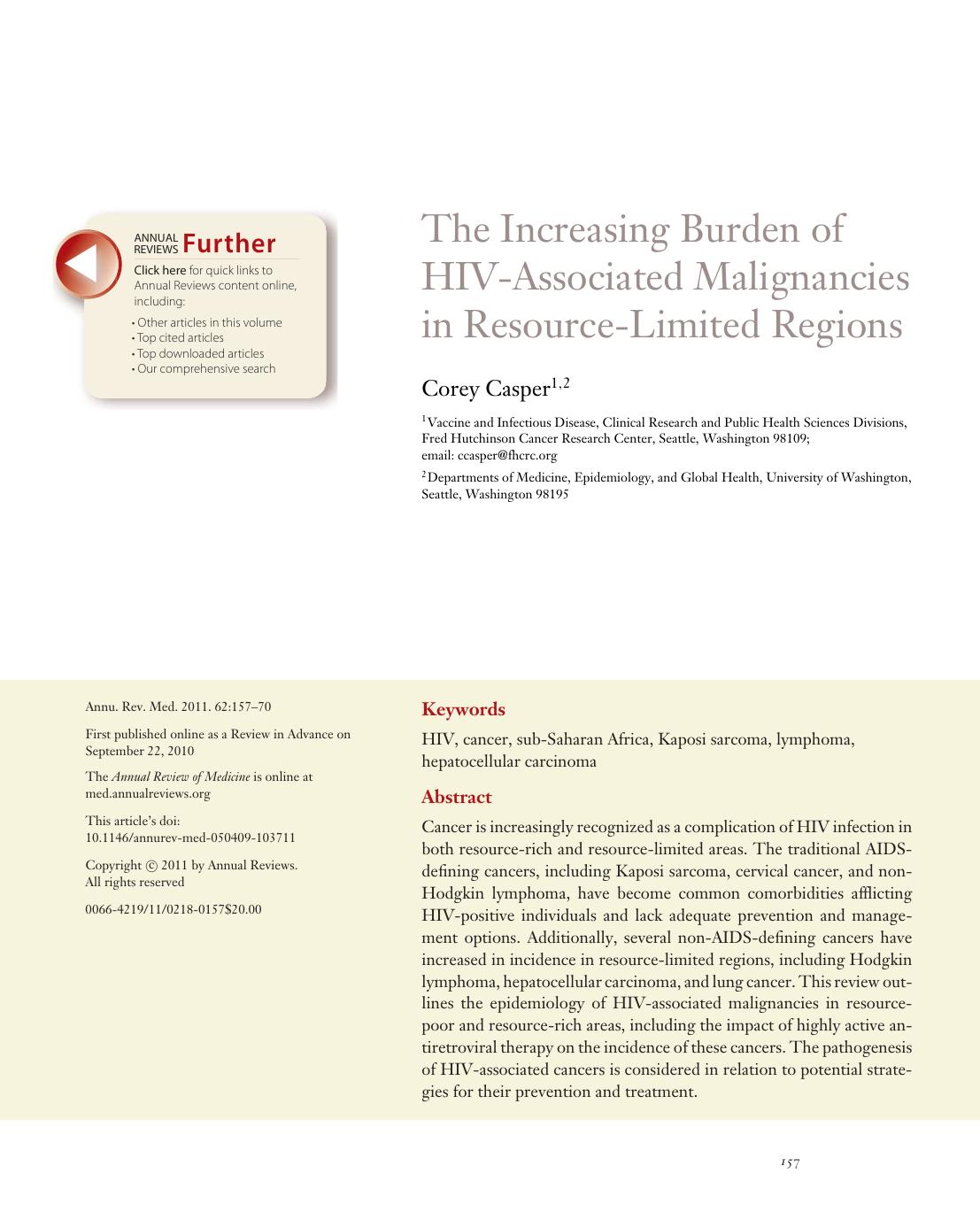 The Increasing Burden of HIV-Associated Malignancies in Resource-Limited Regions by Corey Casper1 2