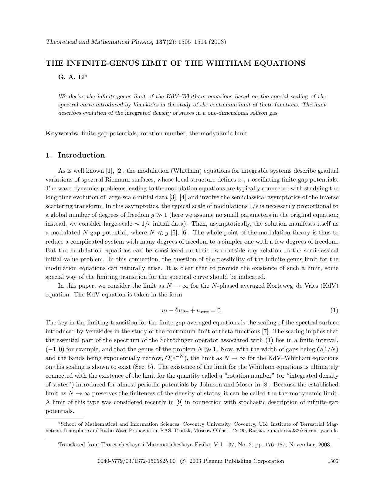 The Infinite-Genus Limit of the Whitham Equations by Unknown