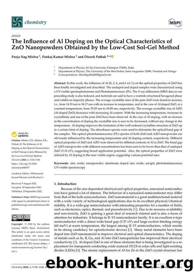 The Influence of Al Doping on the Optical Characteristics of ZnO Nanopowders Obtained by the Low-Cost Sol-Gel Method by Pooja Nag Mishra Pankaj Kumar Mishra & Dinesh Pathak