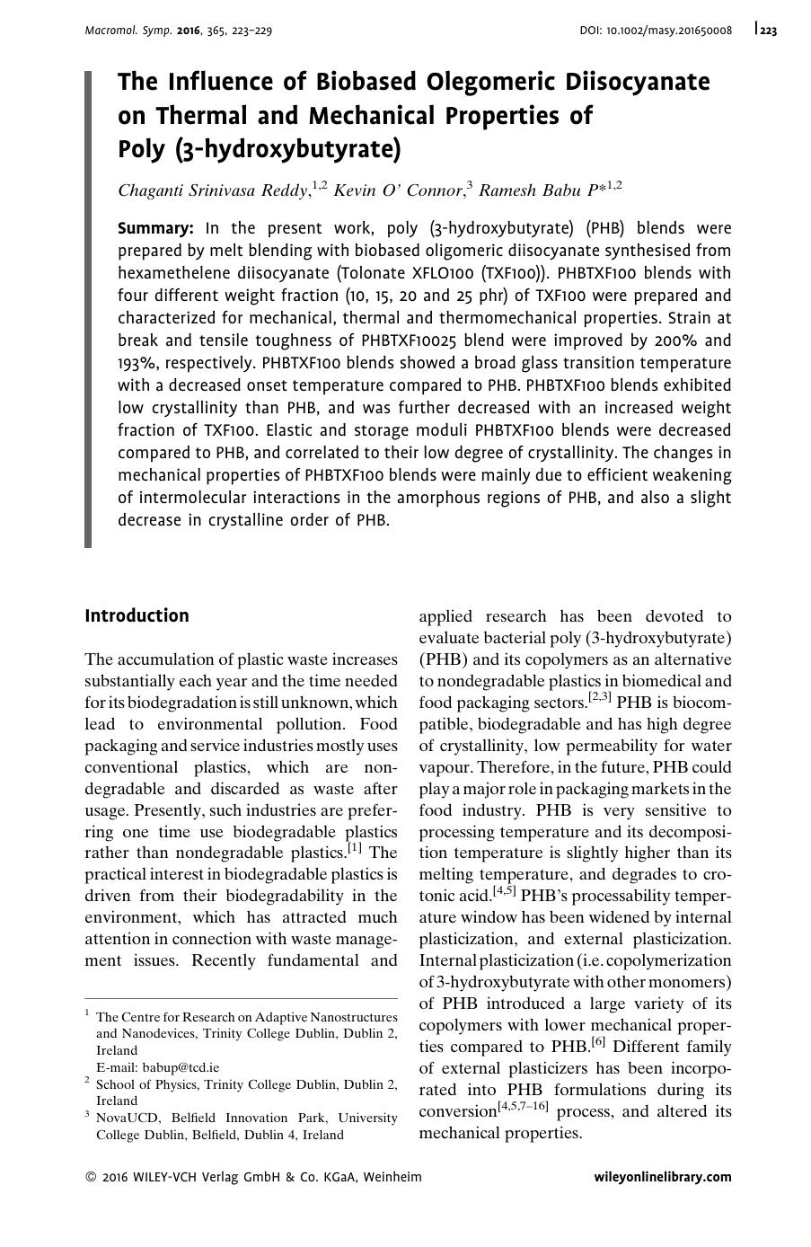 The Influence of Biobased Olegomeric Diisocyanate on Thermal and Mechanical Properties of Poly(3-hydroxybutyrate) by Unknown