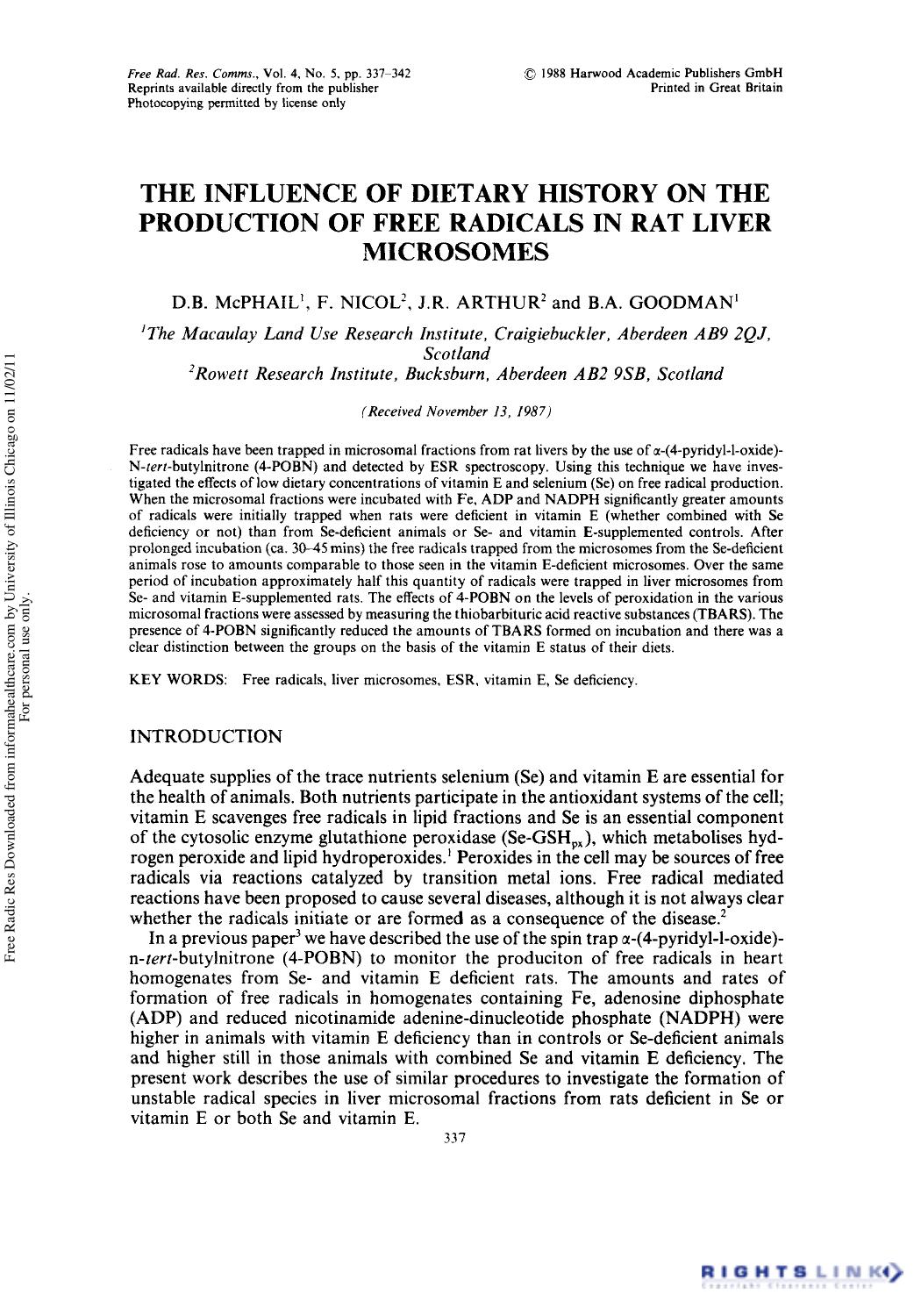 The Influence of Dietary History on the Production of Free Radicals in Rat Liver Microsomes by D. B. McPhail1 F. Nicol2 J. R. Arthur2 & B. A. Goodman1