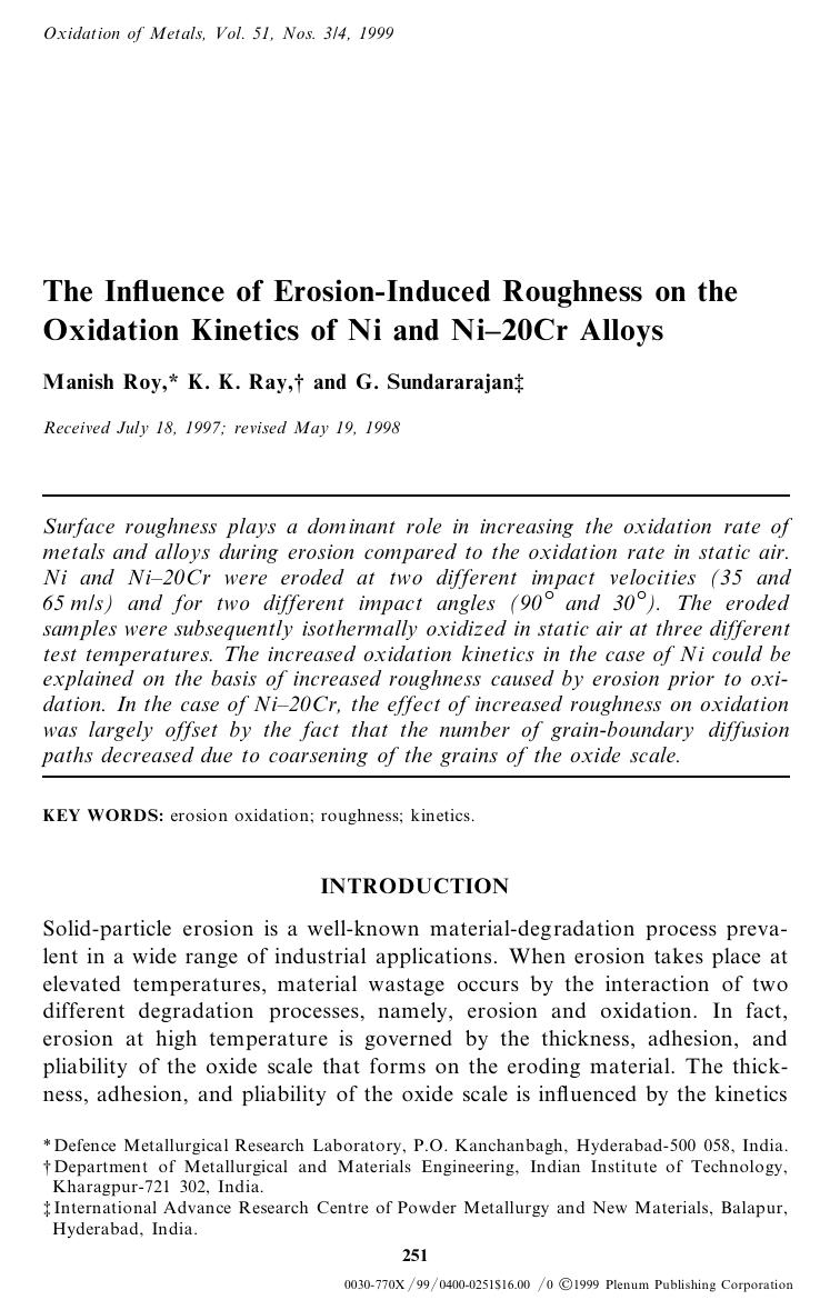 The Influence of Erosion-Induced Roughness on the Oxidation Kinetics of Ni and Ni-20Cr Alloys by Unknown