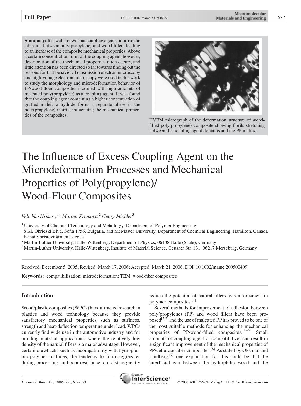 The Influence of Excess Coupling Agent on the Microdeformation Processes and Mechanical Properties of Poly(propylene)Wood-Flour Composites by Unknown