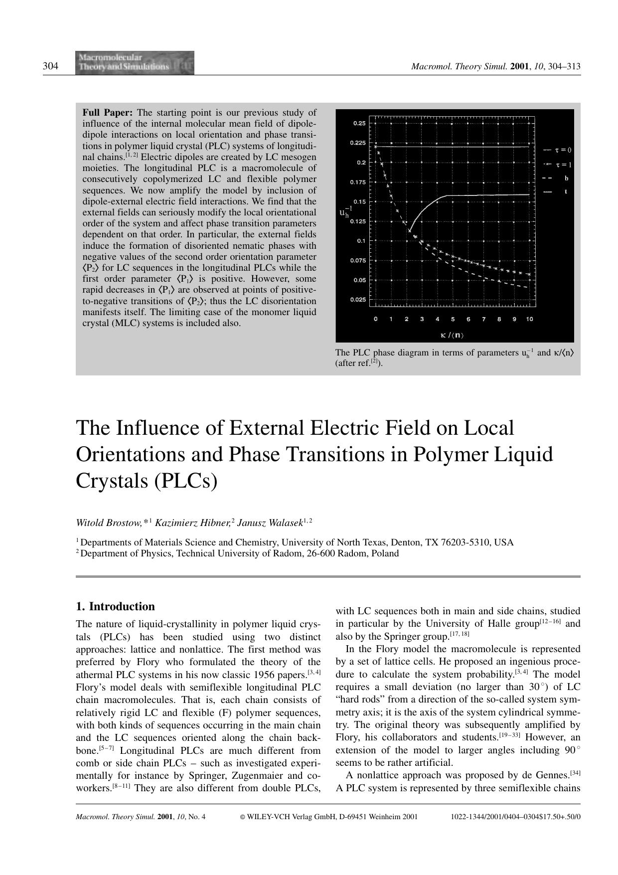The Influence of External Electric Field on Local Orientations and Phase Transitions in Polymer Liquid Crystals (PLCs) by Unknown