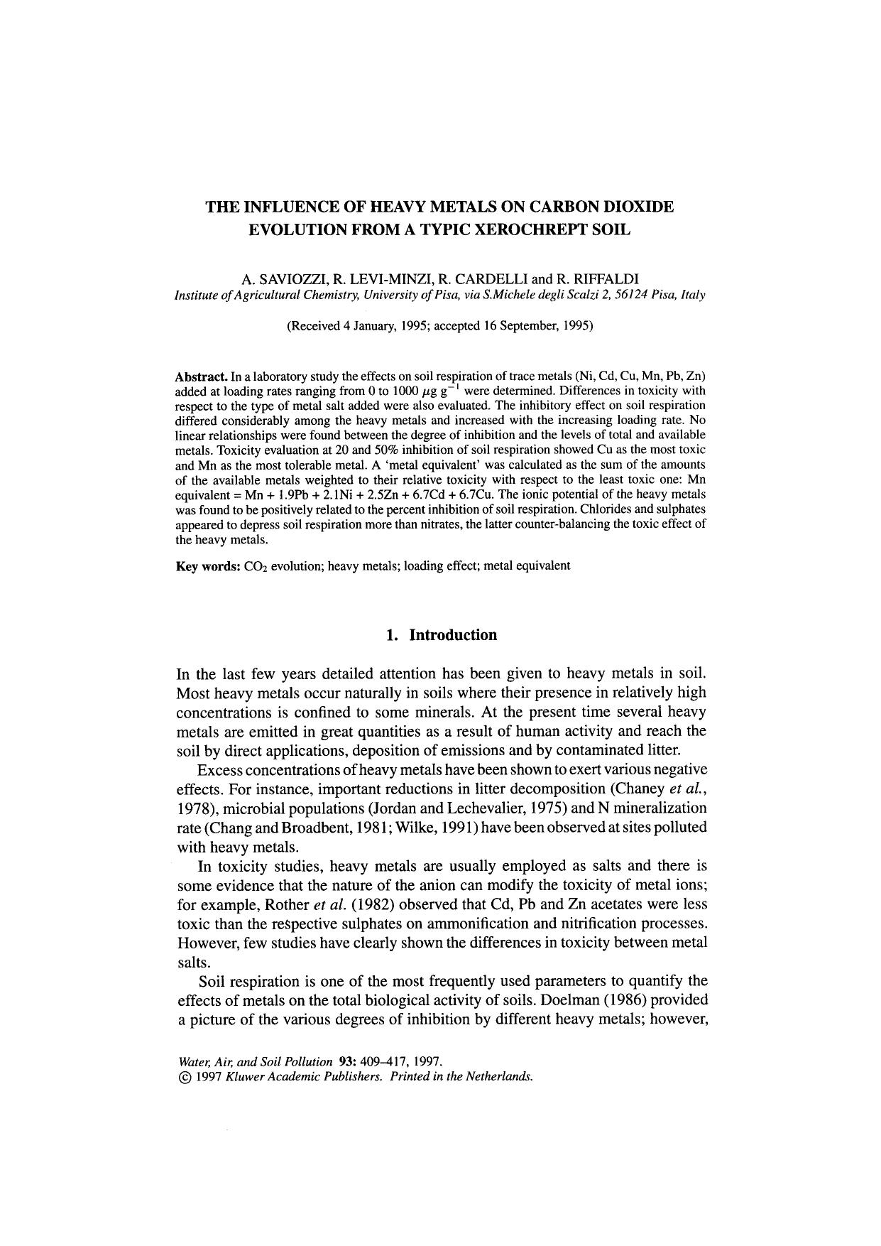 The Influence of Heavy Metals on Carbon Dioxide Evolution from a Typic Xerochrept Soil by Unknown
