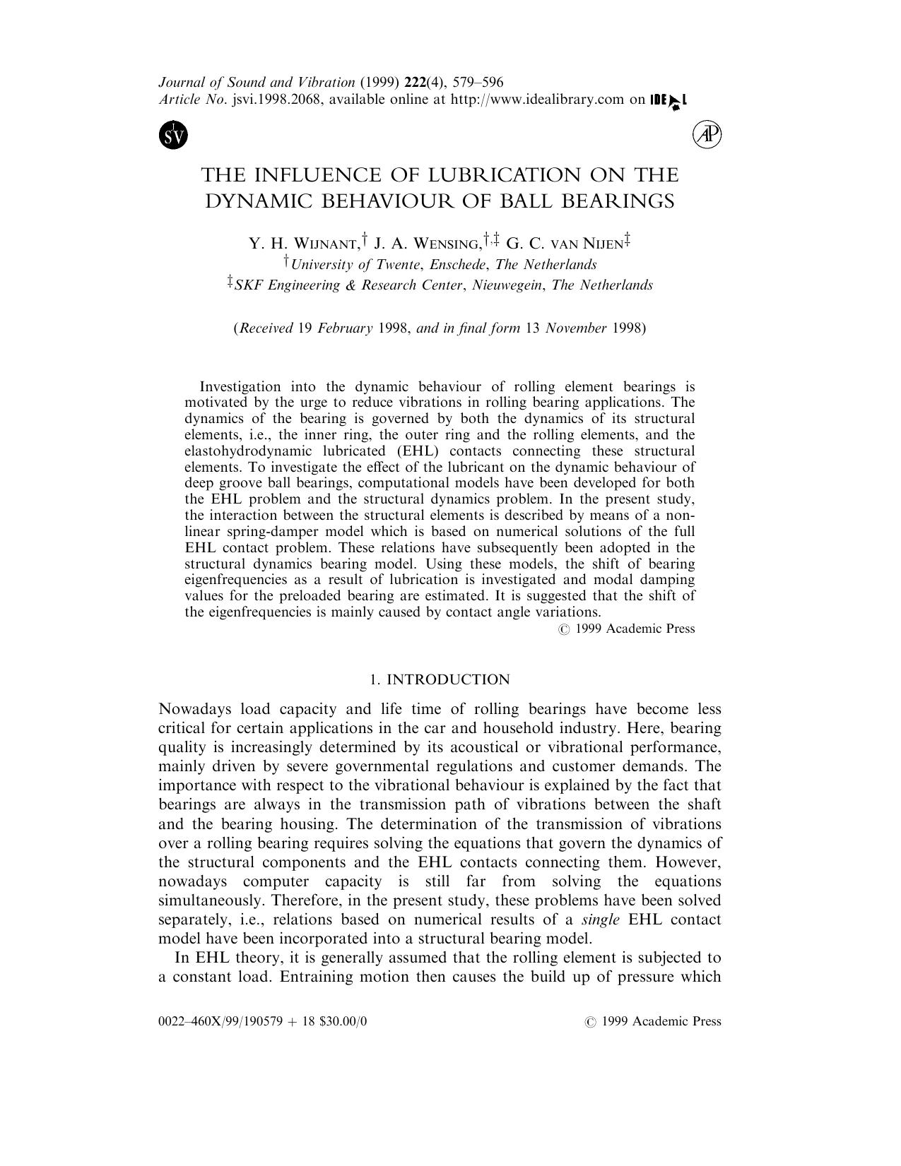 The Influence of Lubrication on the Dynamic Behaviour of Ball Bearings by Wijnant Y.H. et al