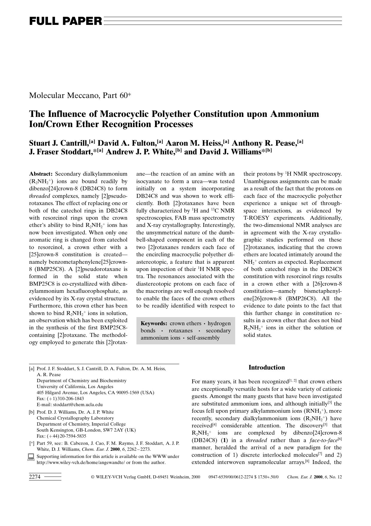 The Influence of Macrocyclic Polyether Constitution upon Ammonium IonCrown Ether Recognition Processes by Unknown
