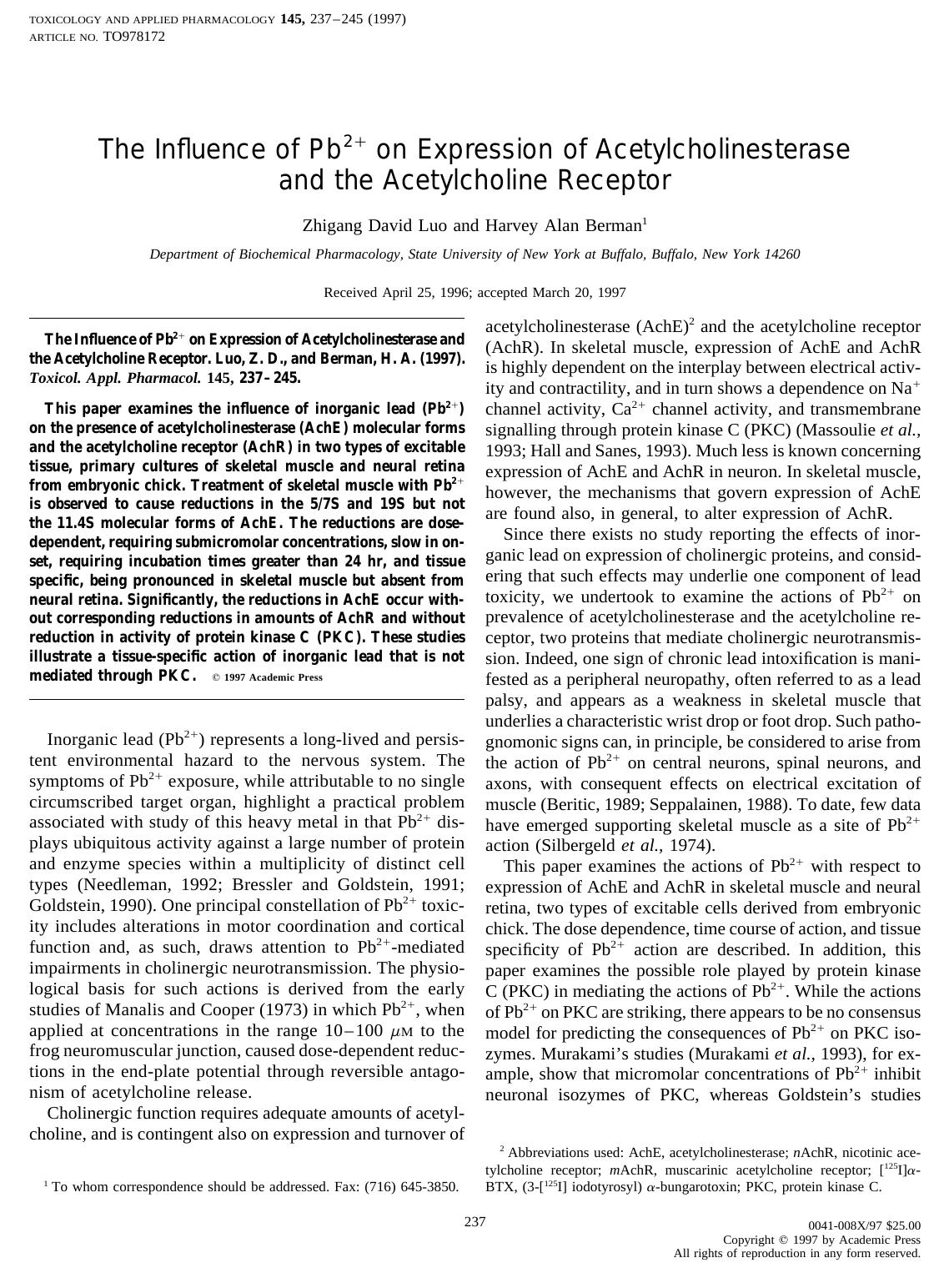The Influence of Pb2+ on Expression of Acetylcholinesterase and the Acetylcholine Receptor by Luo Z. D. et al