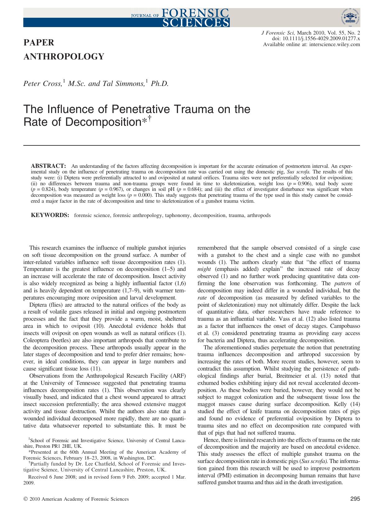 The Influence of Penetrative Trauma on the Rate of Decomposition*? by Unknown