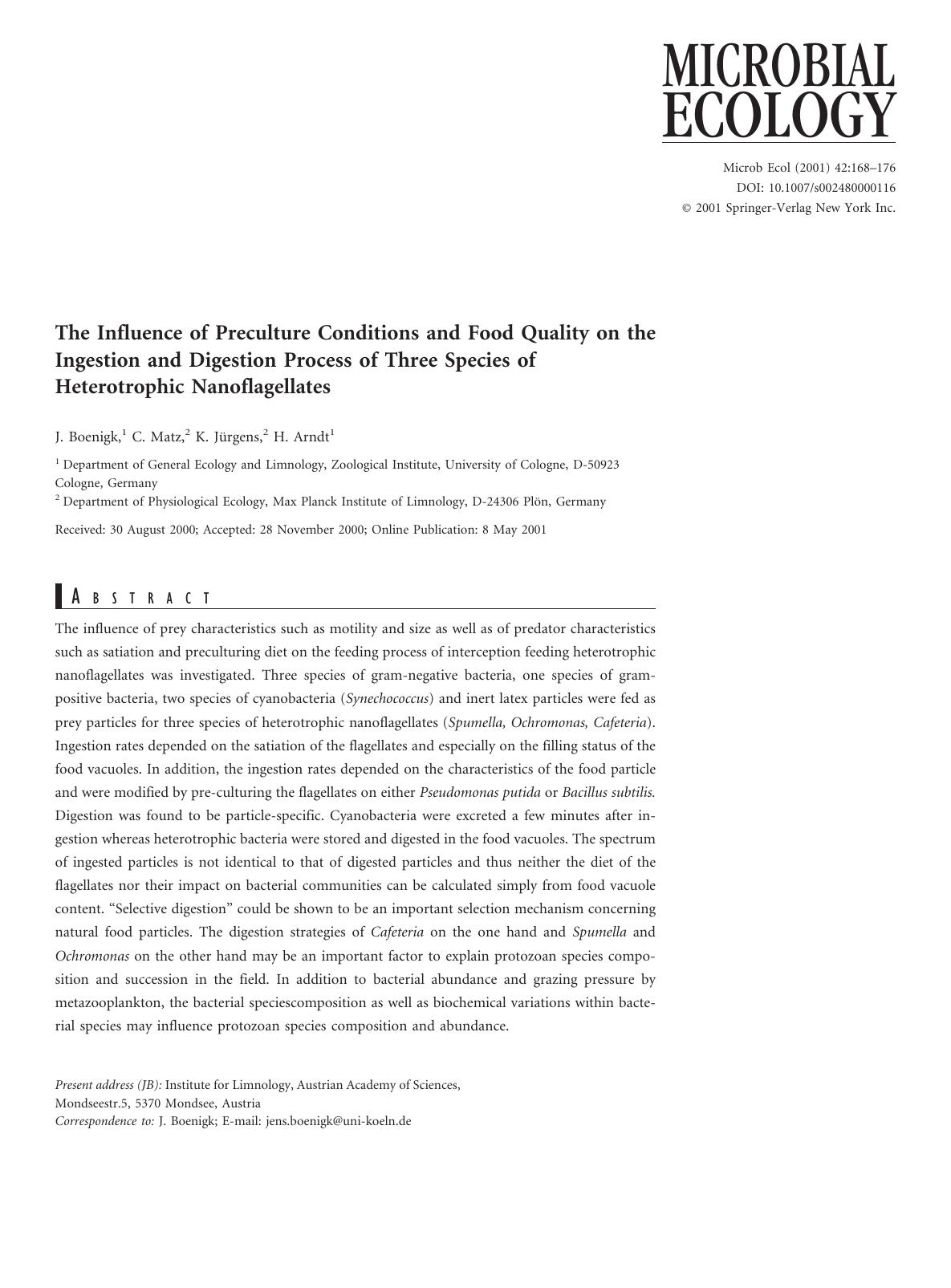 The Influence of Preculture Conditions and Food Quality on the Ingestion and Digestion Process of Three Species of Heterotrophic Nanoflagellates by Boenigk J. et al