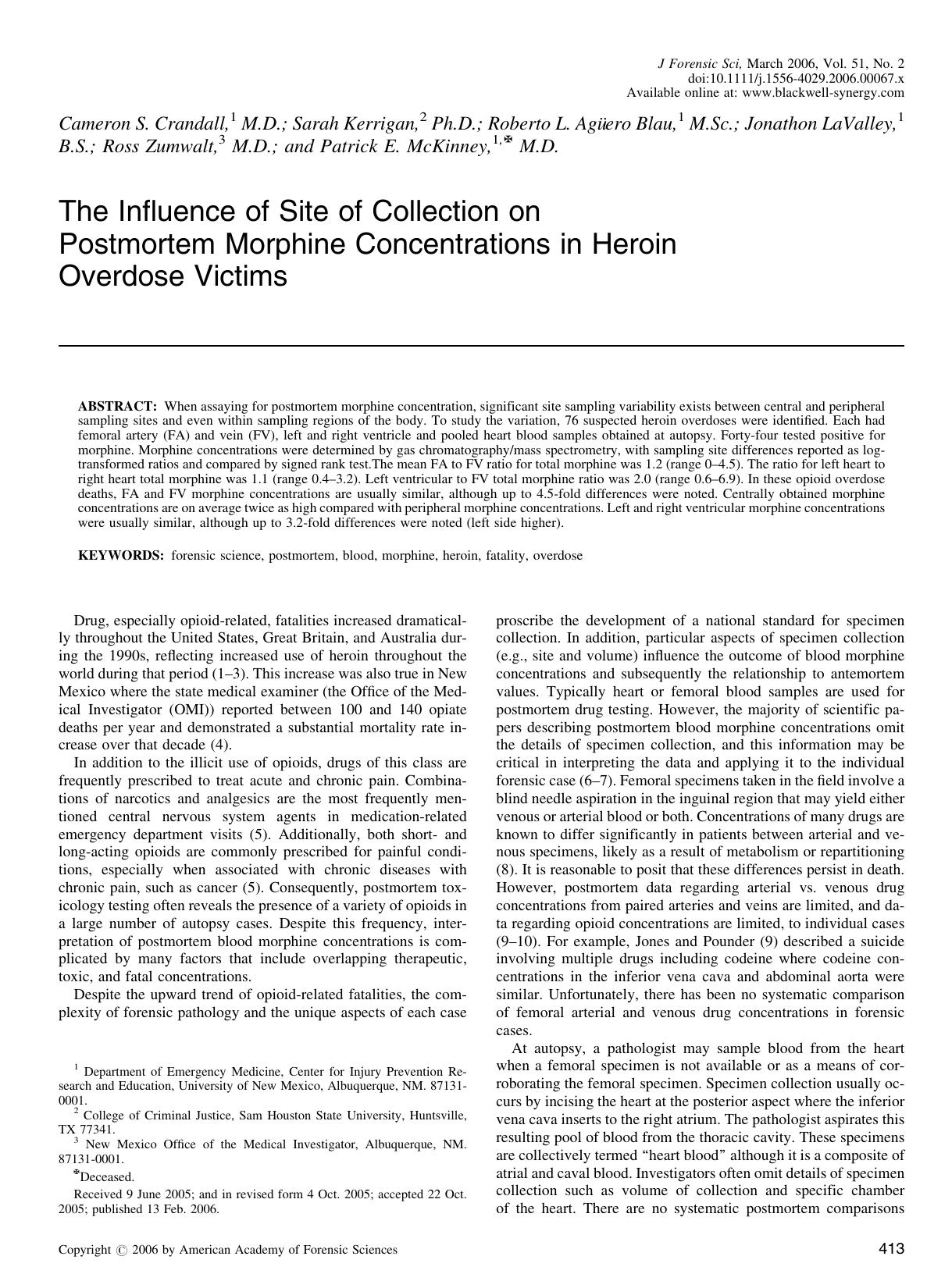 The Influence of Site of Collection on Postmortem Morphine Concentrations in Heroin Overdose Victims by Unknown