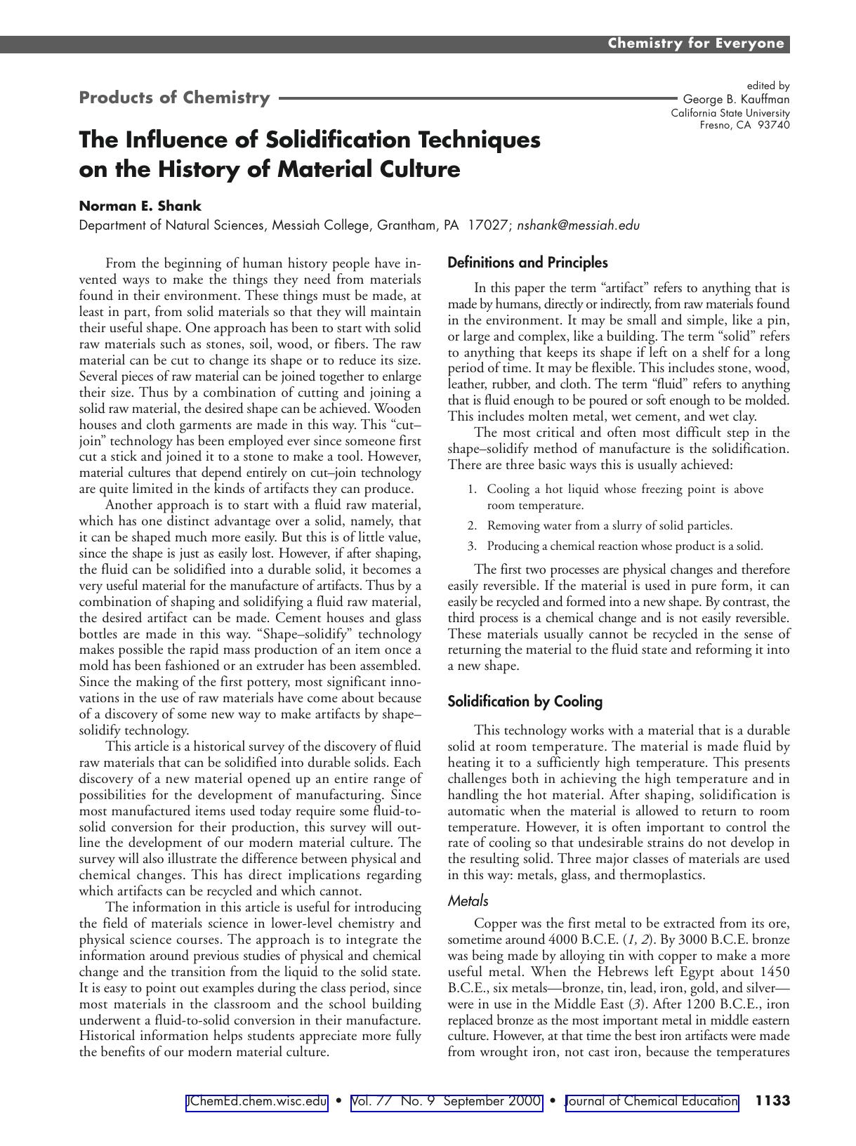 The Influence of Solidification Techniques on the History of Material Culture by Norman E. Shank