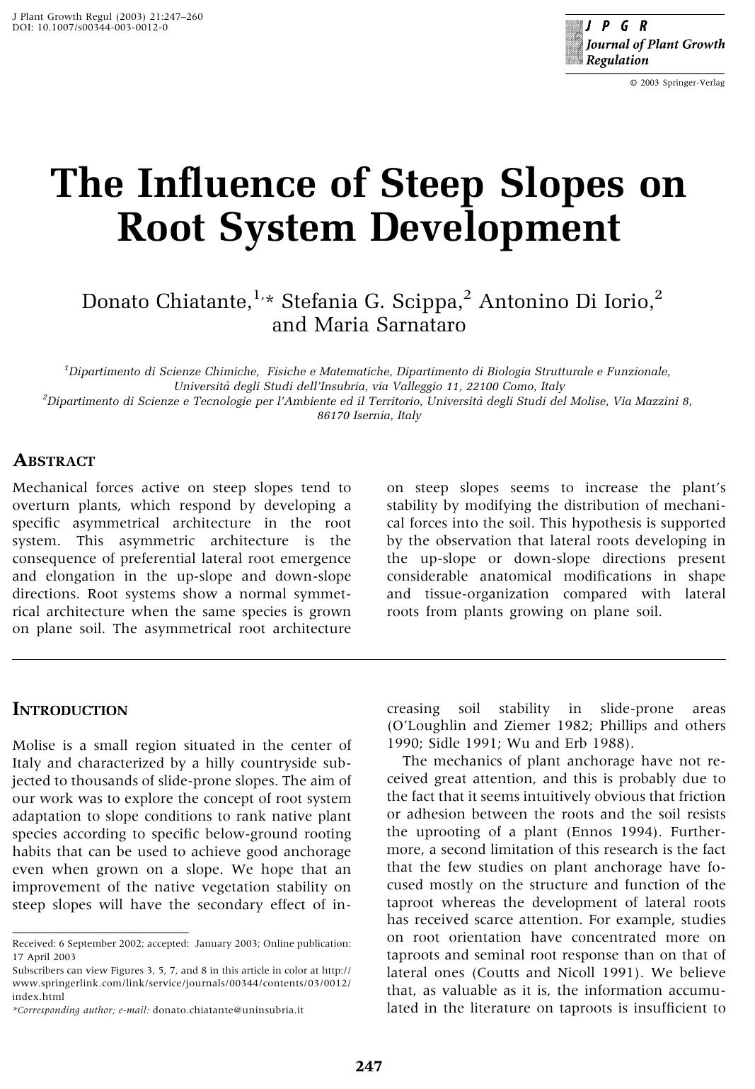 The Influence of Steep Slopes on Root System Development by Chiatante D. et al