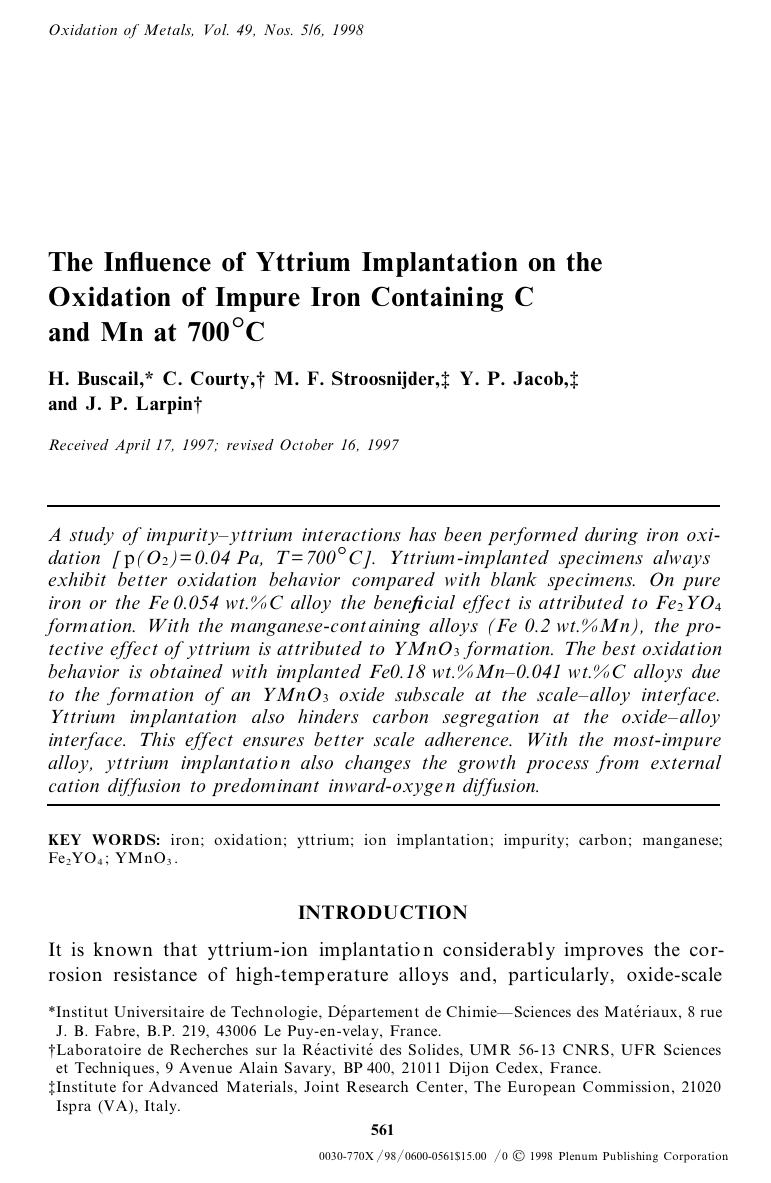 The Influence of Yttrium Implantation on the Oxidation of Impure Iron Containing C and Mn at 700&#x00B0;C by Unknown