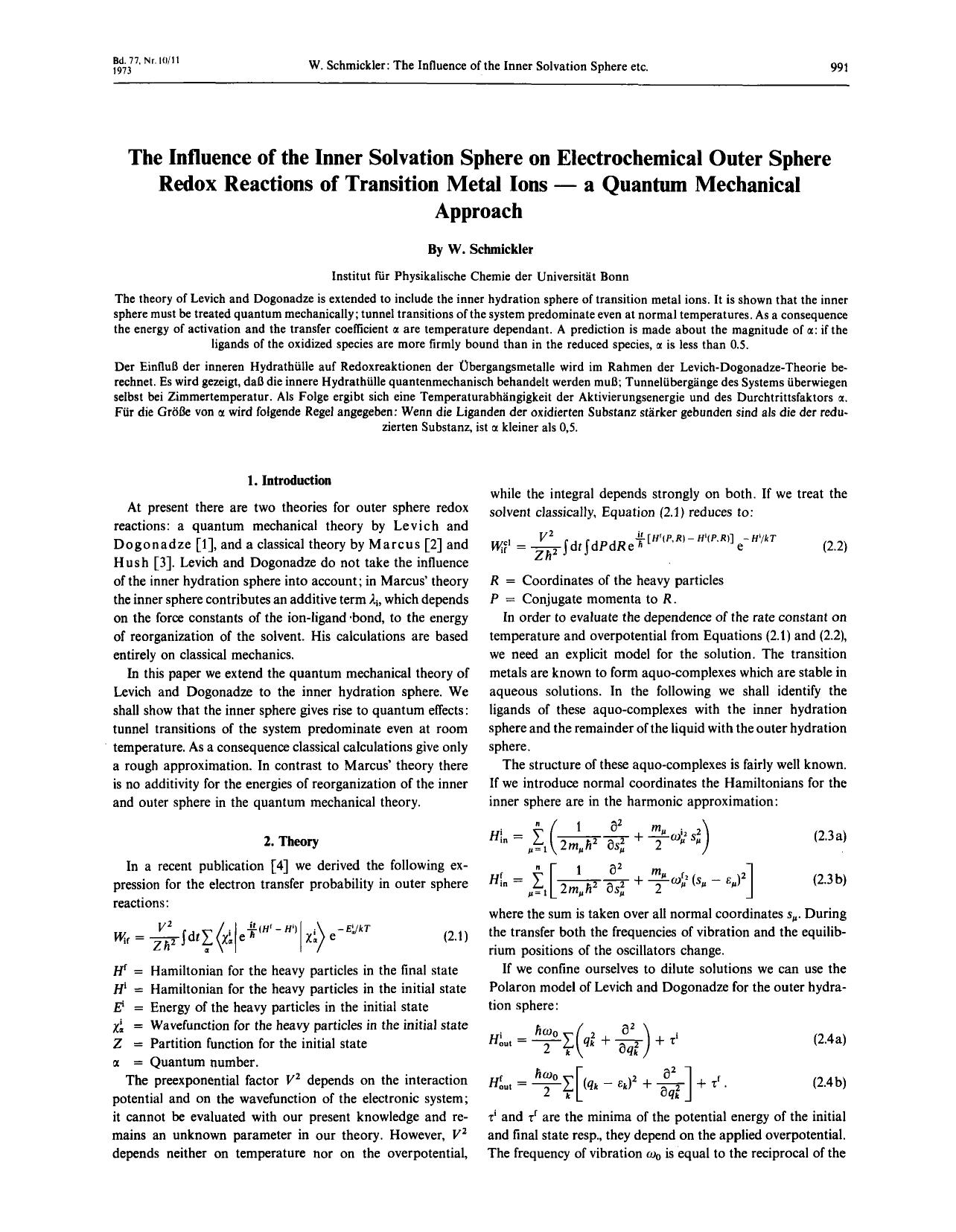 The Influence of the Inner Solvation Sphere on Electrochemical Outer Sphere Redox Reactions of Transition Metal Ions a Quantum Mechanical Approach by Unknown