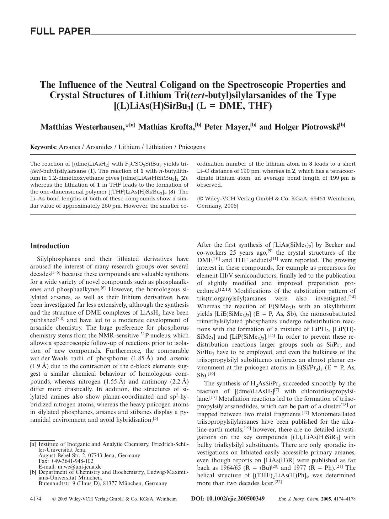 The Influence of the Neutral Coligand on the Spectroscopic Properties and Crystal Structures of Lithium Tri(tert-butyl)silylarsanides of the Type[(L)LiAs(H)SitBu3] (L = DME, THF) by Unknown
