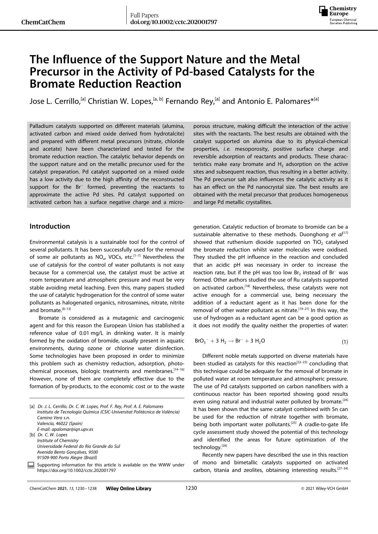 The Influence of the Support Nature and the Metal Precursor in the Activity of Pdâbased Catalysts for the Bromate Reduction Reaction by Unknown