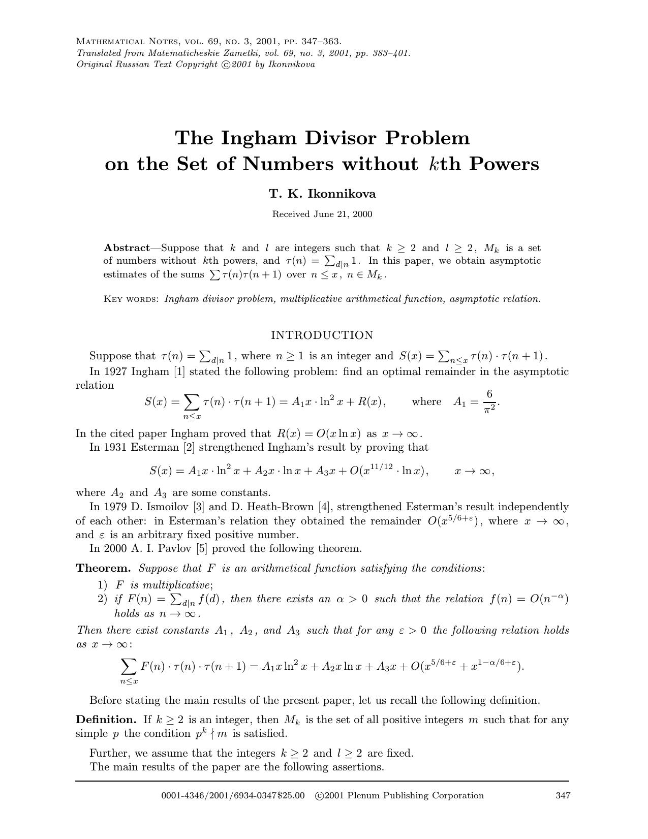 The Ingham Divisor Problem on the Set of Numbers without <Emphasis Type="Italic">k<Emphasis>th Powers by Unknown