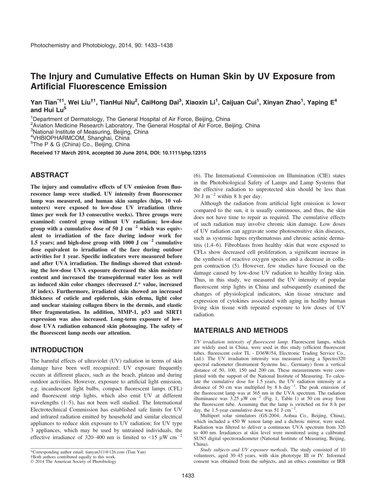 The Injury and Cumulative Effects on Human Skin by UV Exposure from Artificial Fluorescence Emission by Unknown