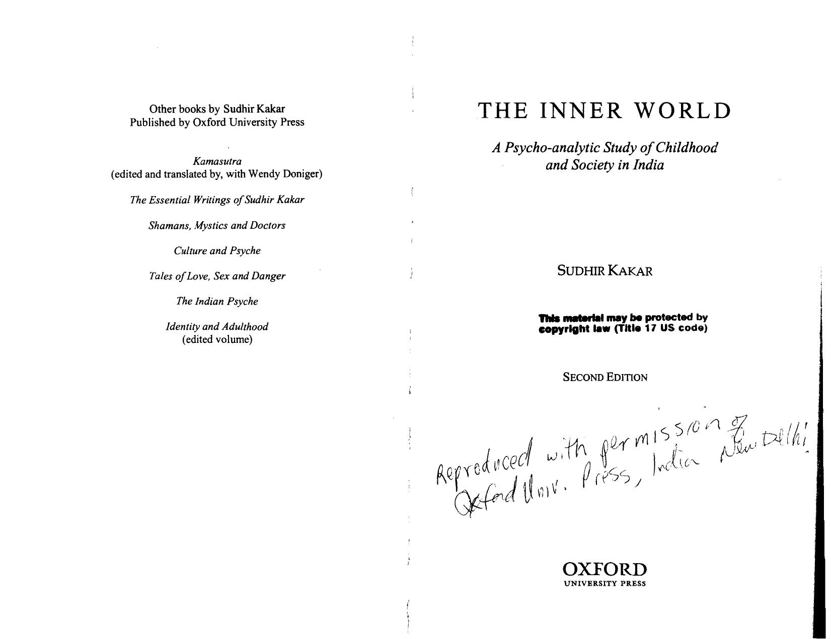 The Inner World: A Psychoanalytic Study of Hindu Childhood and Society (Oxford India Paperbacks) by Sudhir Kakar