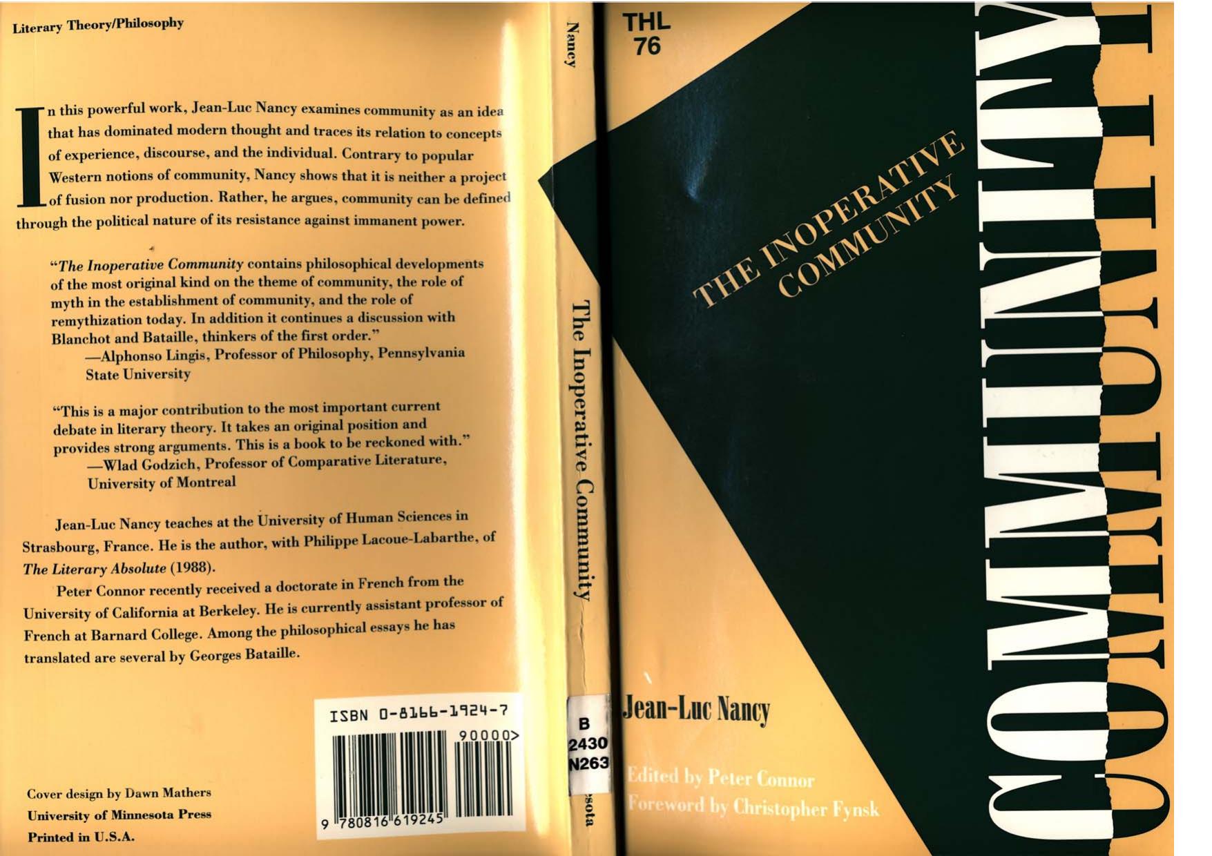The Inoperative Community (Theory and History of Literature) by Jean-Luc Nancy
