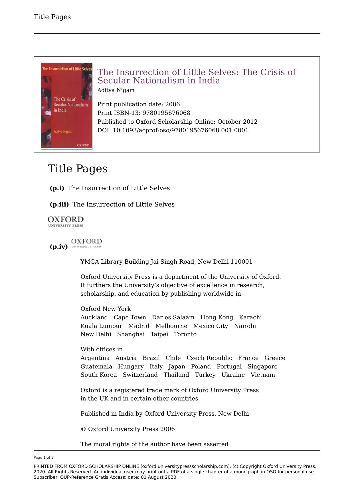 The Insurrection of Little Selves: The Crisis of Secular-Nationalism in India by Aditya Nigam
