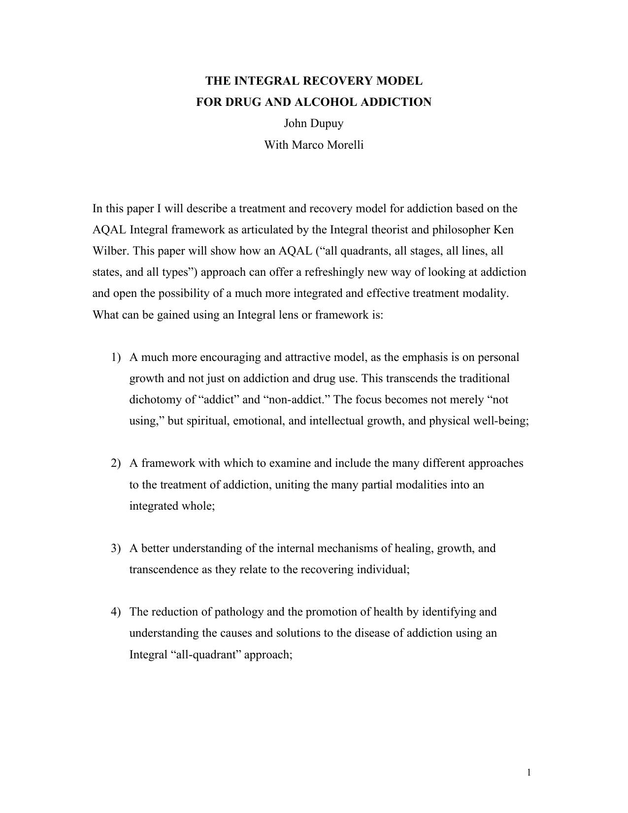 The Integral Recovery Model for Drug and Alcohol Addiction by Dupuy John Morelli Marco