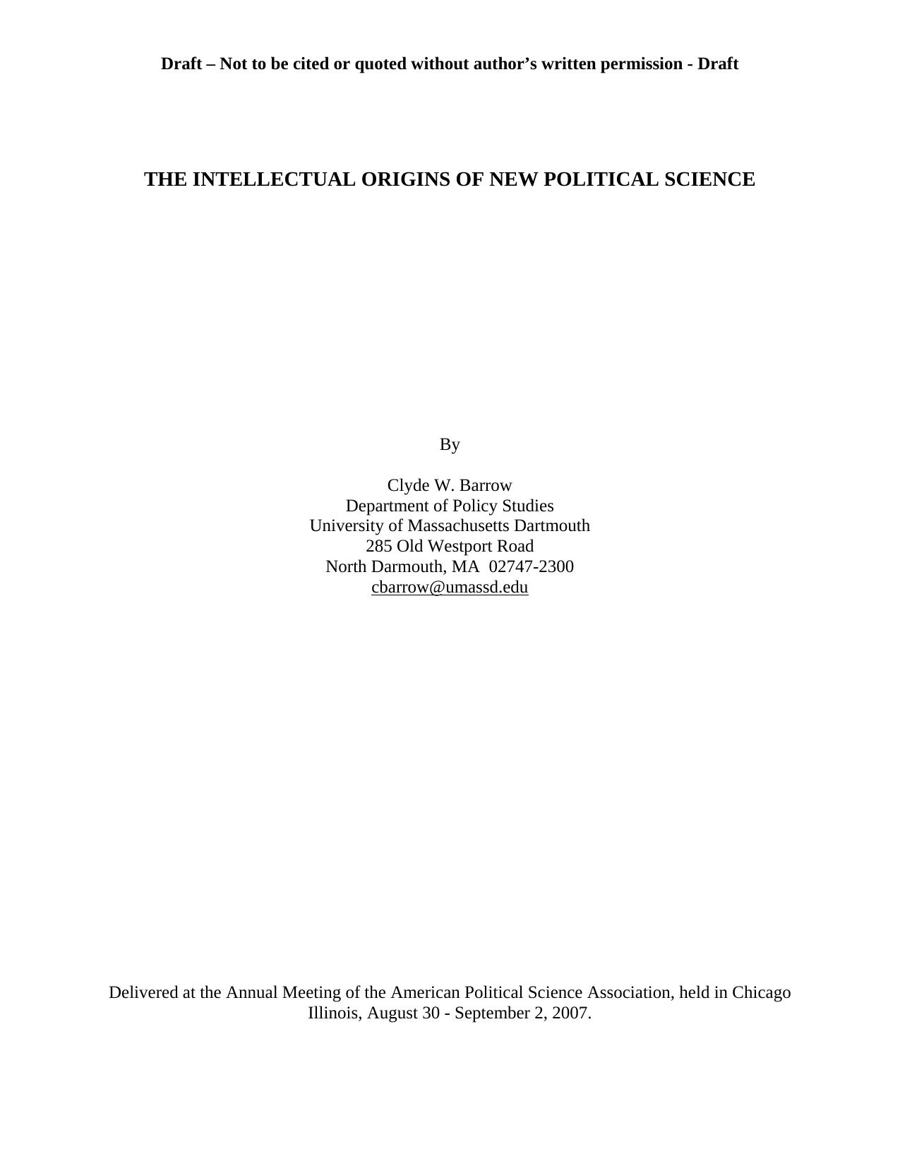 The Intellectual Origins of New Political Science by Barrow Clyde