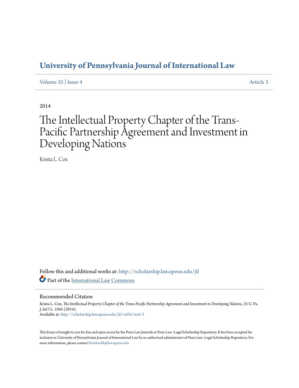 The Intellectual Property Chapter of the Trans-Pacific Partnership Agreement and Investment in Developing Nations by Krista L. Cox