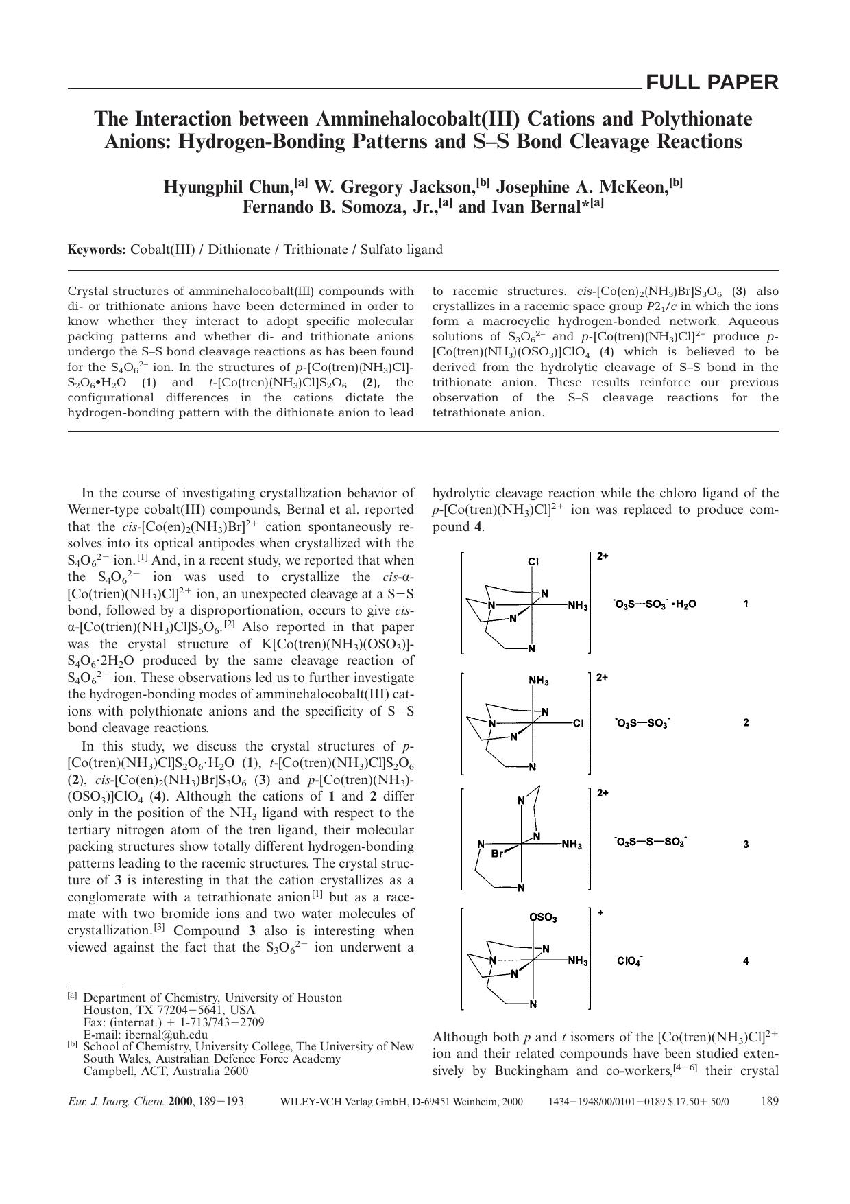 The Interaction between Amminehalocobalt(III) Cations and Polythionate Anions: Hydrogen-Bonding Patterns and S-S Bond Cleavage Reactions by Unknown