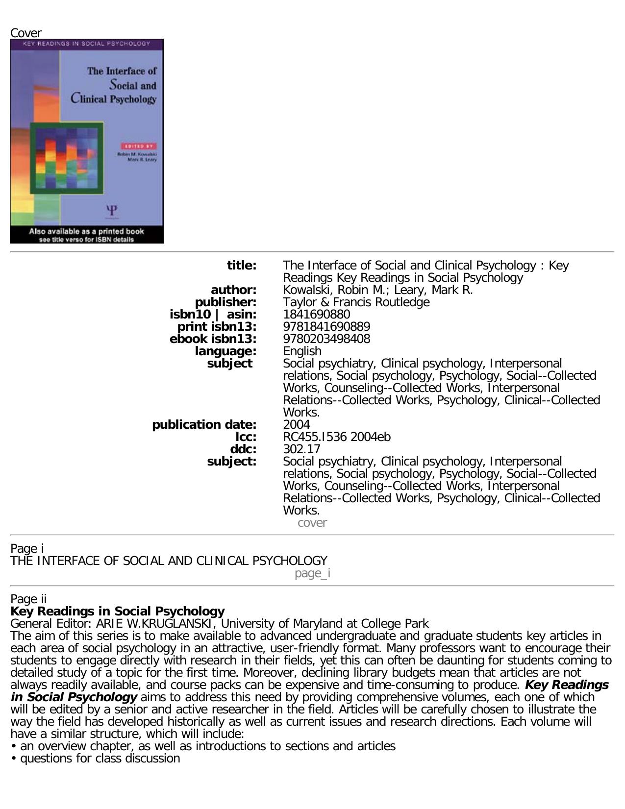 The Interface of Social and Clinical Psychology: Key Readings by Robin M. Kowalski Mark R. Leary