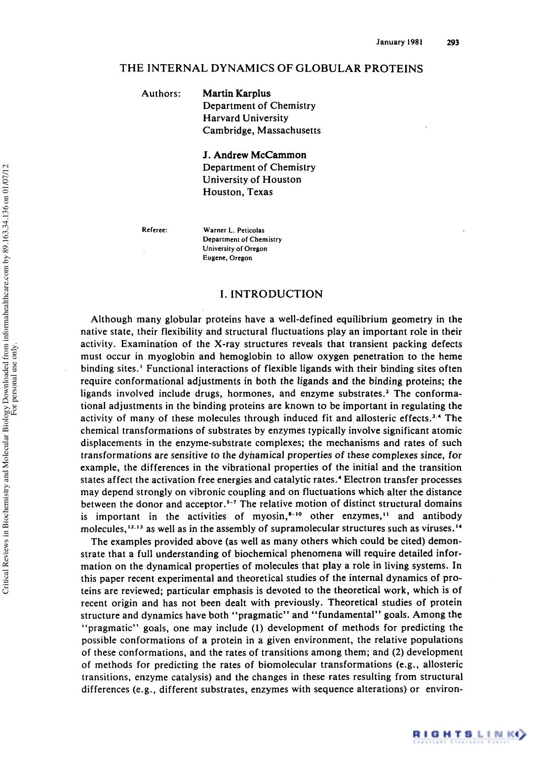 The Internal Dynamics of Globular Protein by Martin Karplus J. Andrew McCammon & Warner L. Peticolas