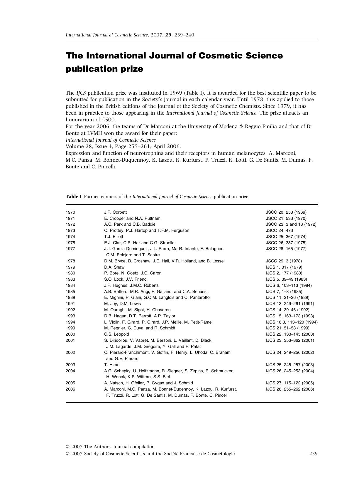 The International Journal of Cosmetic Science publication prize by Unknown