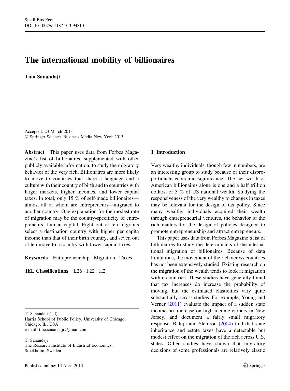 The International Mobility of Billionaires (2013) by Tino Sanandaji by Unknown