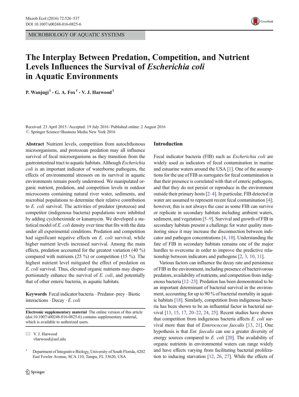 The Interplay Between Predation, Competition, and Nutrient Levels Influences the Survival of Escherichia coli in Aquatic Environments by P. Wanjugi & G. A. Fox & V. J. Harwood