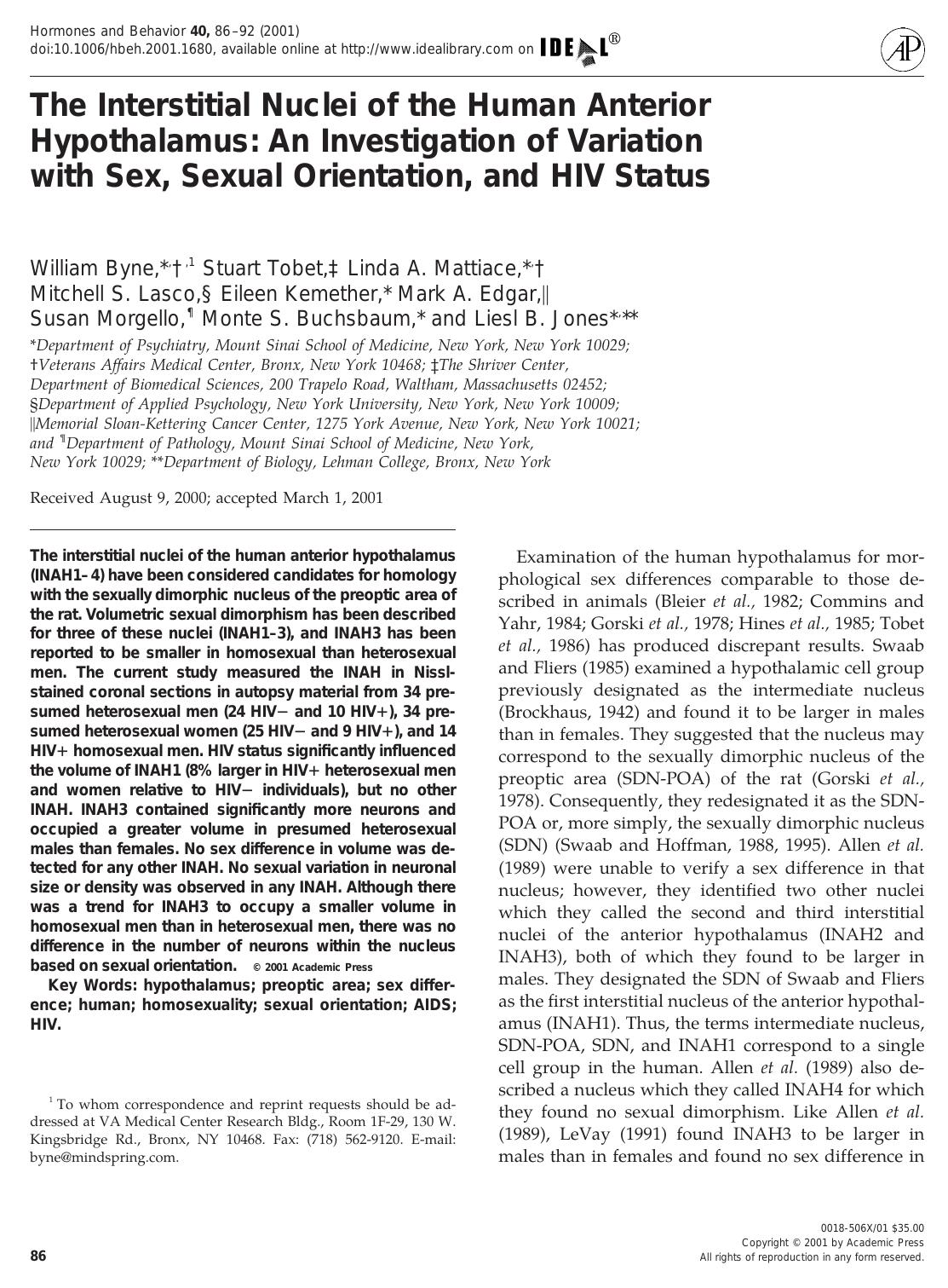 The Interstitial Nuclei of the Human Anterior Hypothalamus: An Investigation of Variation with Sex, Sexual Orientation, and HIV Status by Byne W. et al
