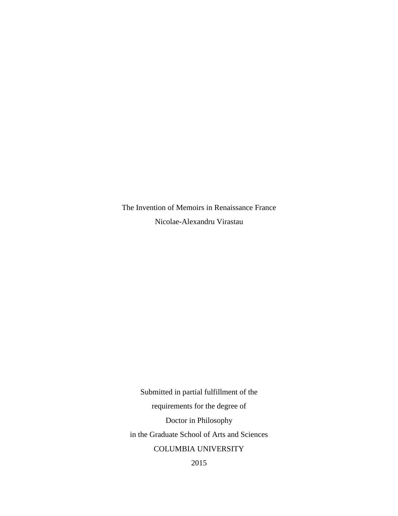 The Invention of Memoirs in Renaissance France by Nicolae-Alexandru Virastau