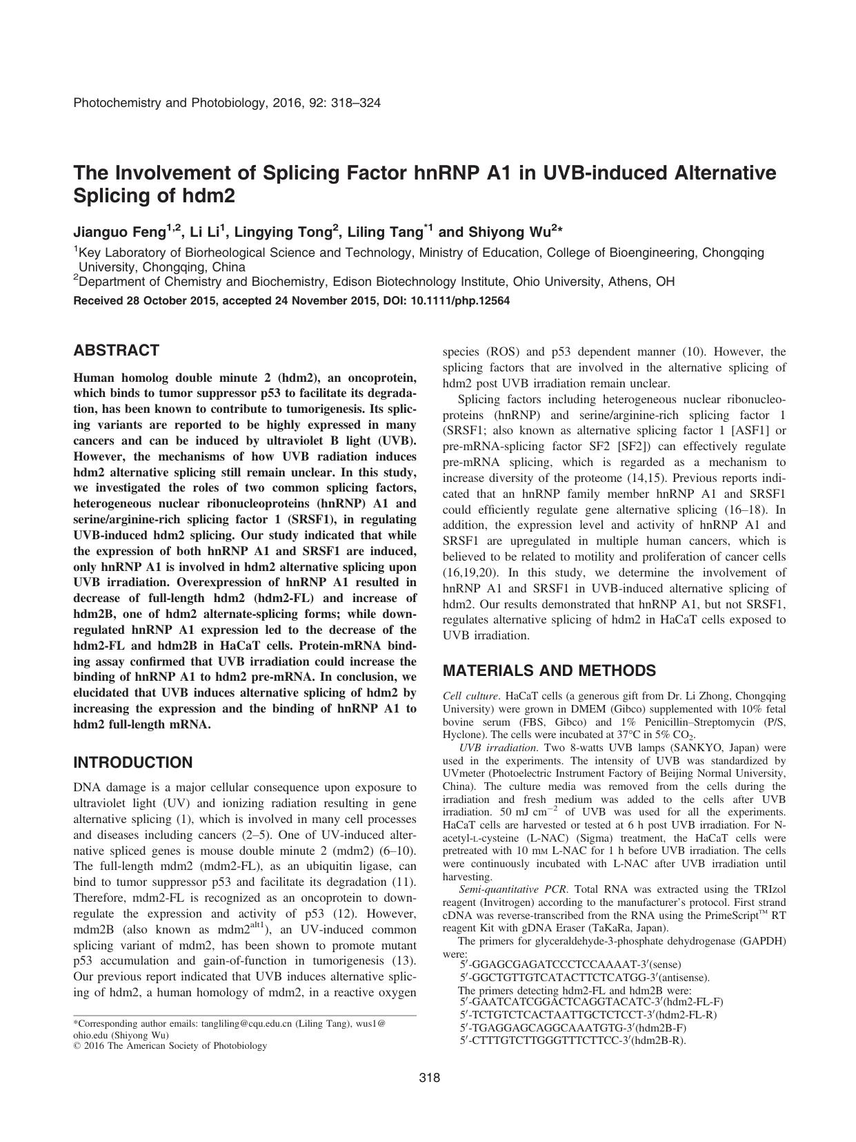 The Involvement of Splicing Factor hnRNP A1 in UVB&#x2010;induced Alternative Splicing of hdm2 by Unknown