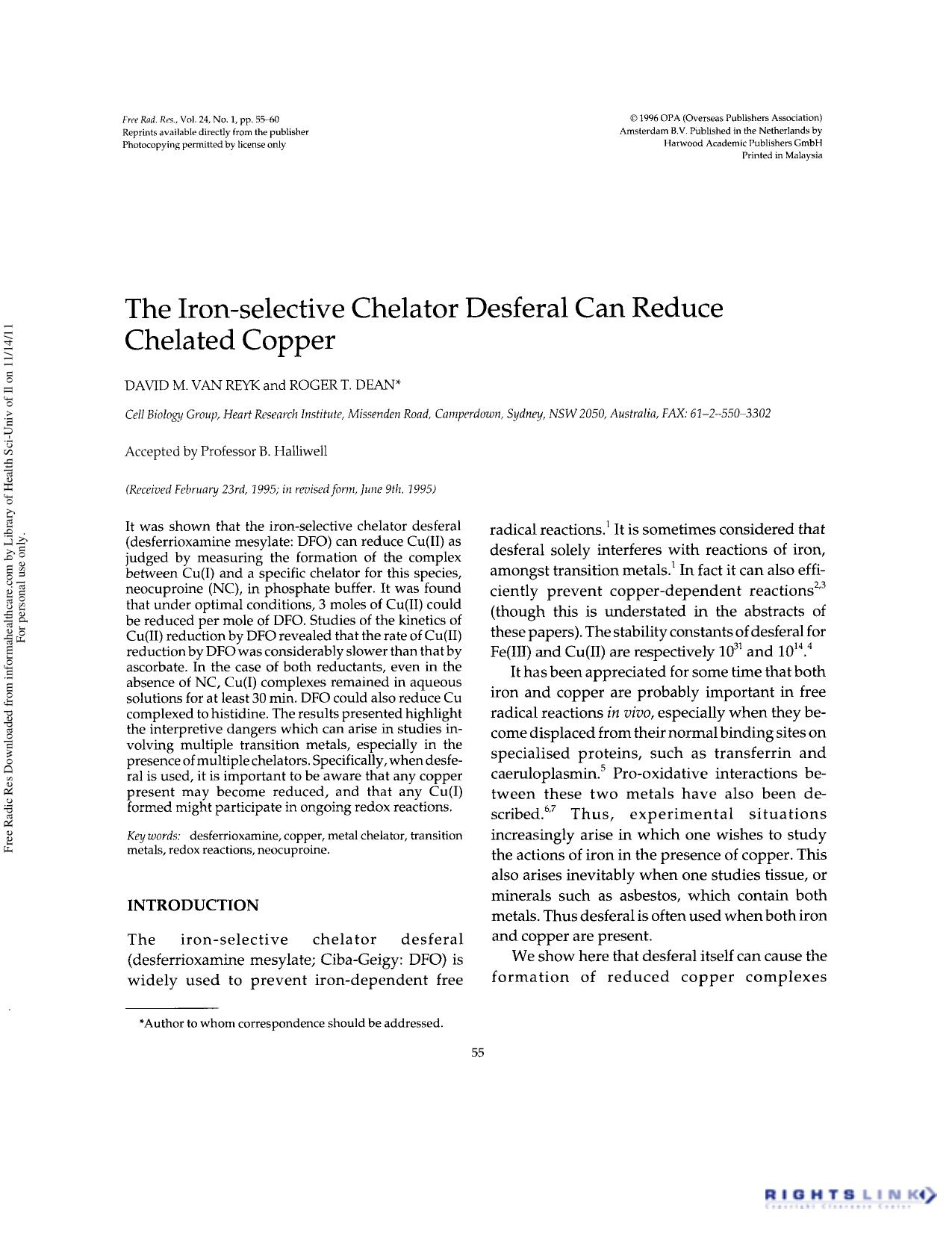 The Iron-Selective Chelator Desferal Can Reduce Chelated Copper by David M. Van Reyk1 & Roger T. Dean1†