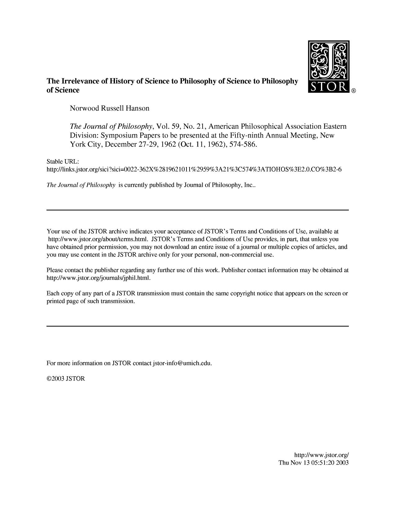 The Irrelevance of History of Science to Philosophy of Science to Philosophy of Science by Unknown