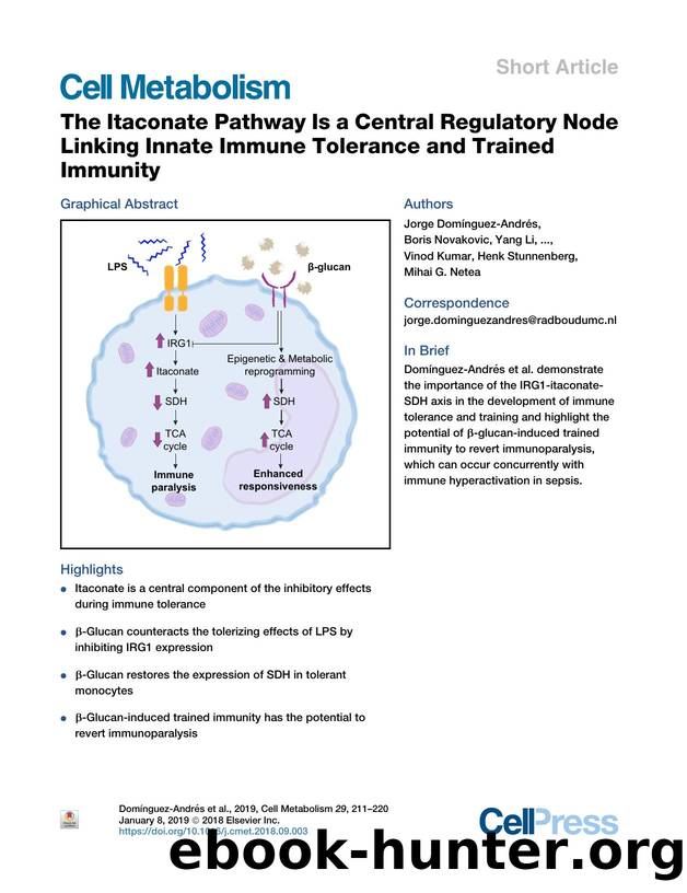The Itaconate Pathway Is a Central Regulatory Node Linking Innate Immune Tolerance and Trained Immunity by unknow
