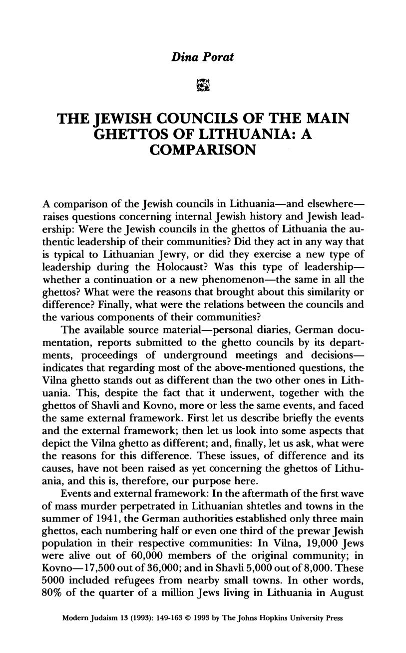 The Jewish Councils of the Main Ghettos of Lithuania; A Comparison by Unknown