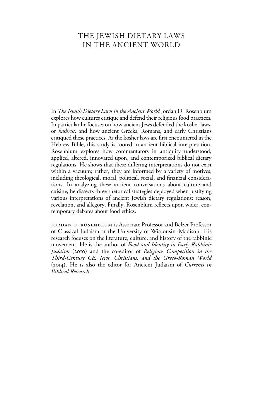 The Jewish Dietary Laws in the Ancient World by Jordan D. Rosenblum