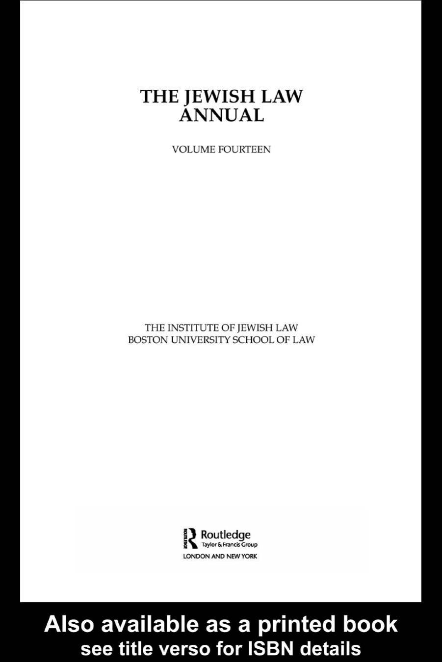 The Jewish Law Annual Volume 14 (Jewish Law Annual) by The Institute o