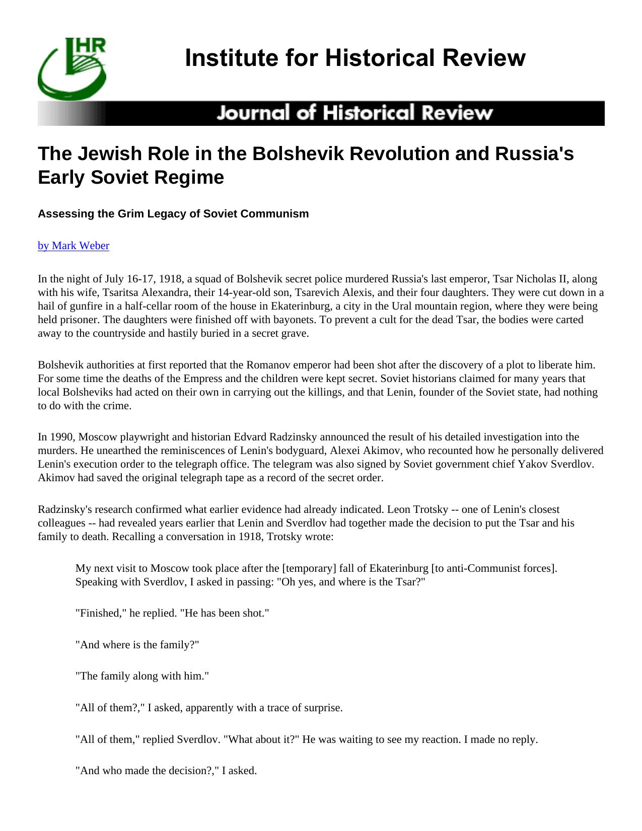 The Jewish Role in the Bolshevik Revolution and Russia's Early Soviet Regime by Mark Weber