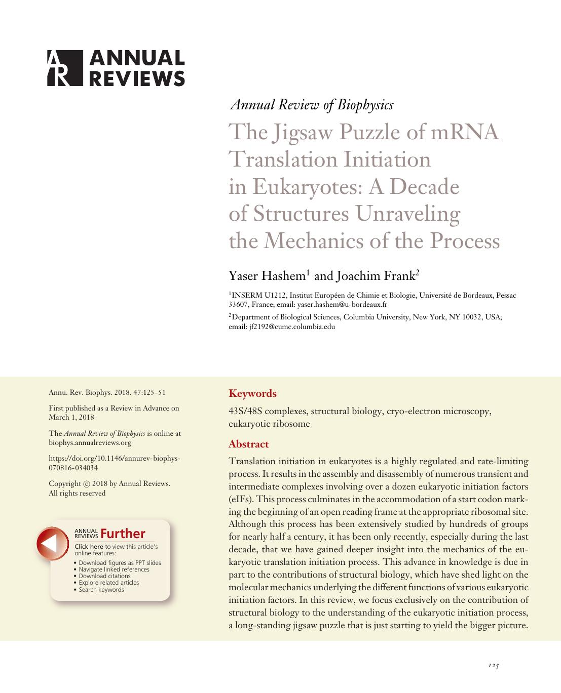 The Jigsaw Puzzle of mRNA Translation Initiation in Eukaryotes: A Decade of Structures Unraveling the Mechanics of the Process by Yaser Hashem and Joachim Frank